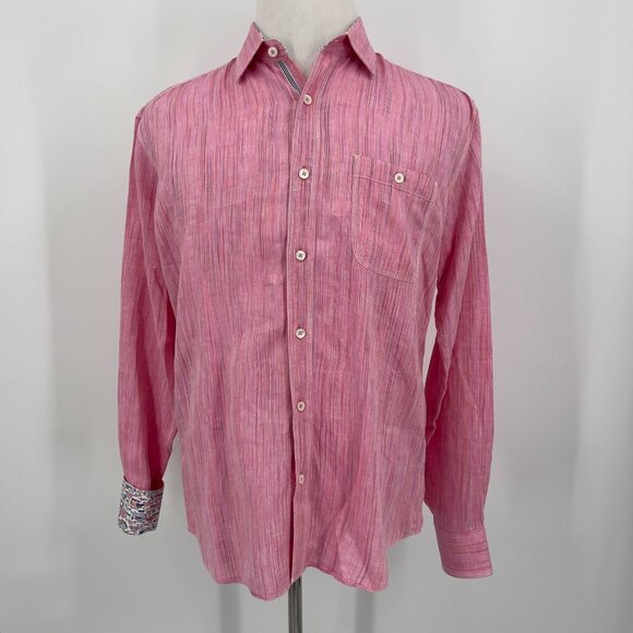 Bugatchi Men's Shirt 100% Linen L Large Pink Striped Long Sleeve Button-Down Sha - Picture 6 of 8